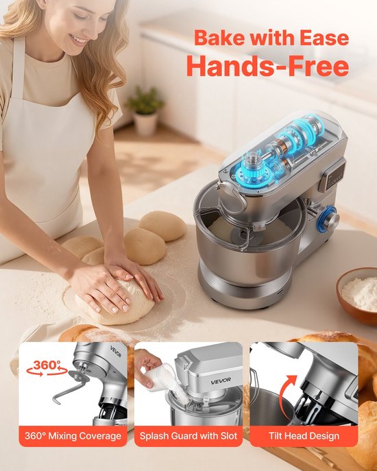 Elektrische Keukenmachine - Standmixer/Deegmixer - 1500 W - RVS Kom 5,7 L - Mengkom 1,5 L - 6+P Snelheden - Inclusief Deeghaak, Garde En Klopper — afbeelding 4