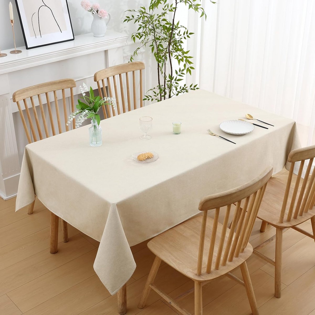 Waterafstotend Tafelkleed Rechthoekig 140x100 cm Linnenlook Beige met Flanellen Rug