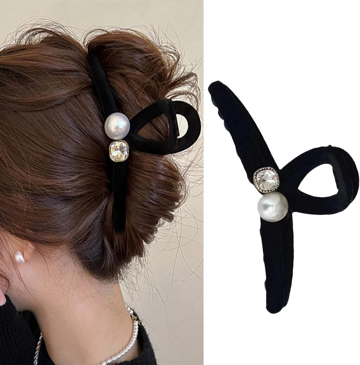 Grote Zwarte Haarclip met Strass en Parels voor Dik Haar - Vintage Klem