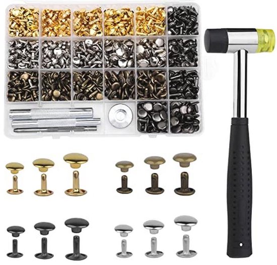 Klinknagelpersset bestaande uit oogpers, holklinknagel gereedschap en 100 enkelkop-holklinknagels, staal - zilver, 7 mm