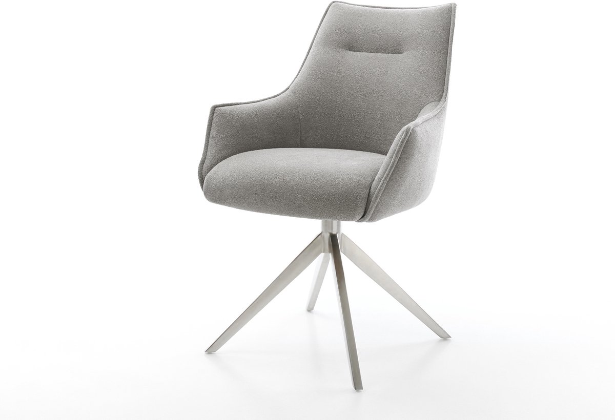 Eetkamerstoel Alja-Flex met armleuning kruisframe breed roestvrij staal zachte stof met structuur grijs 360° draaibaar rocker-functie pocketveer kern