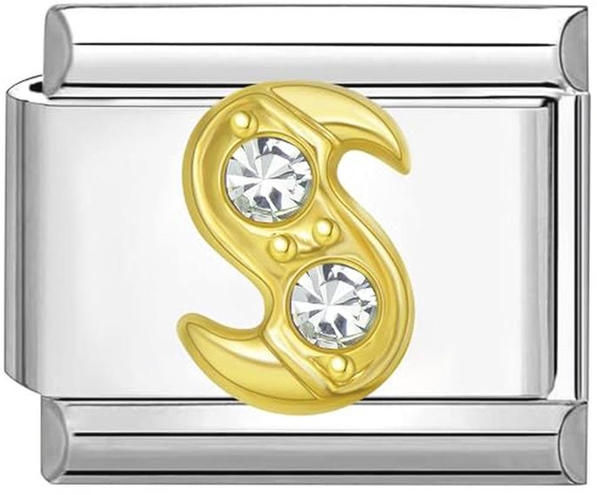 9mm Italiaanse Bedelmodule Roestvrij Staal Zirkonia - Alfabet Letter S voor Charms en Armbanden