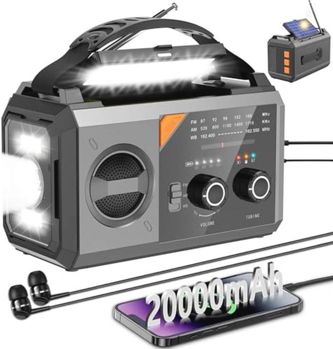 20000mAh Weerradio voor Noodgevallen met Draadloze Luidspreker, Zonne-energie, Handslinger en SOS-Alar