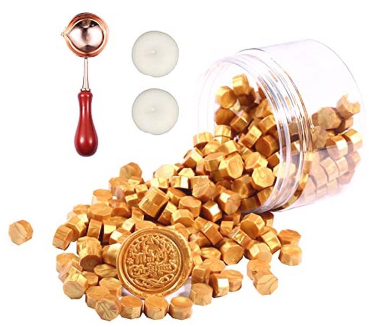 Gouden Zegelwaxset - 248 Stuks Achthoekige Zegelwasparels met Theelichtjes en Smeltlepel voor Waxzegelstempel