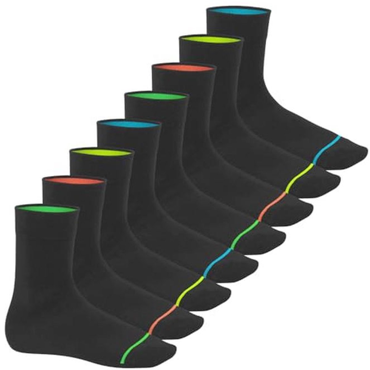Katoenen Sokker voor Dames en Heren - 8 Paar Zwarte Sokken met Neonlook
