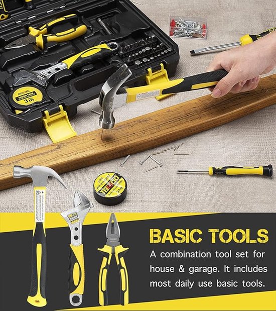 YAR Gereedschapskoffer 98-delig – Complete Toolbox – Gevulde Gereedschapsset – Handgereedschap – Schroevendraaierset – Ratel & Dopsleutelset – Koffer – Ideaal voor Klussen & Cadeau voor Mannen
