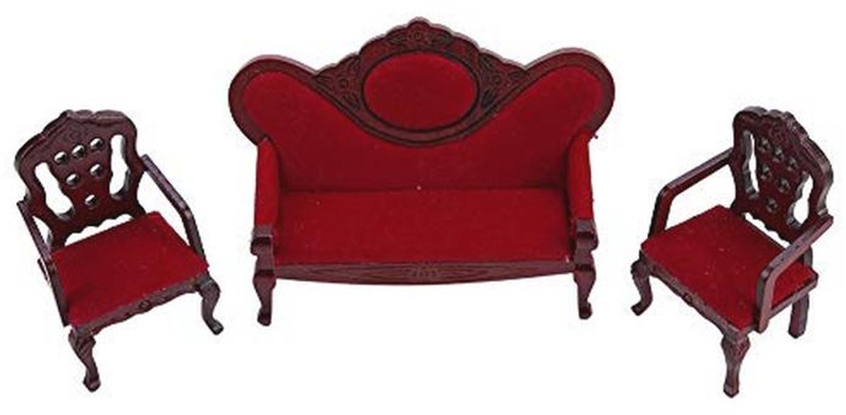 Miniatuur Meubilair Set - Vintage Houten Bank en Stoelen voor Poppenhuis