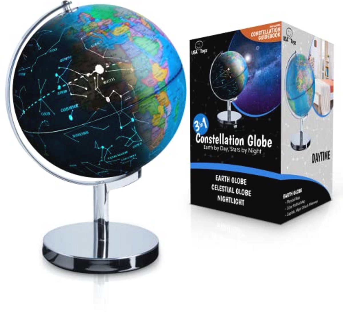 3-in-1 LED Wereldbol met Sterrenbeeld en Nachtlampje - Interactieve Aardbol