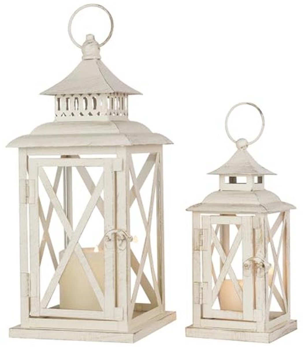 Decoratieve Lantaarns set van 2 voor Binnen en Buiten, Beige Metalen Lantaarn met Glas, Kaarsenhouder voor Veranda, Terras, Tuin, Balkon en Tafelstukken