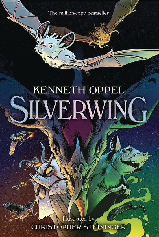 Boekomslag van Silverwing met vleermuizen en een draak, met de tekst 'The million-copy bestseller' en 'Illustrated by CHRISTOPHER STEININGER'.