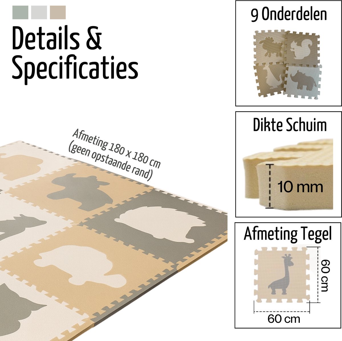 Roosly Speelmat Baby - Speelkleed Baby - babygym - kruipmat - playmat - Foam vloerpuzzel 180 x 180 cm - Inclusief Opbergtas - speelgoed - Veilig & Zacht - Pastel beige & groen — afbeelding 2