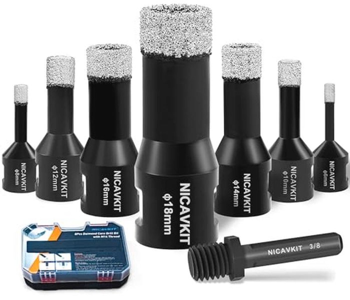 Diamanttegelboorset met adapter, 8 stuks M14 gatenzaag en boorkronen 6-18 mm voor porselein, tegels, graniet en marmer