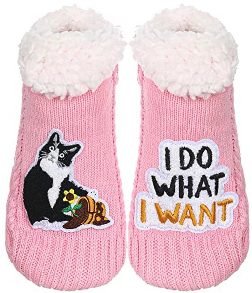 Warme Fleece Huissokken voor Dames met Kat Motief - Antislip Comfortabel en Zacht