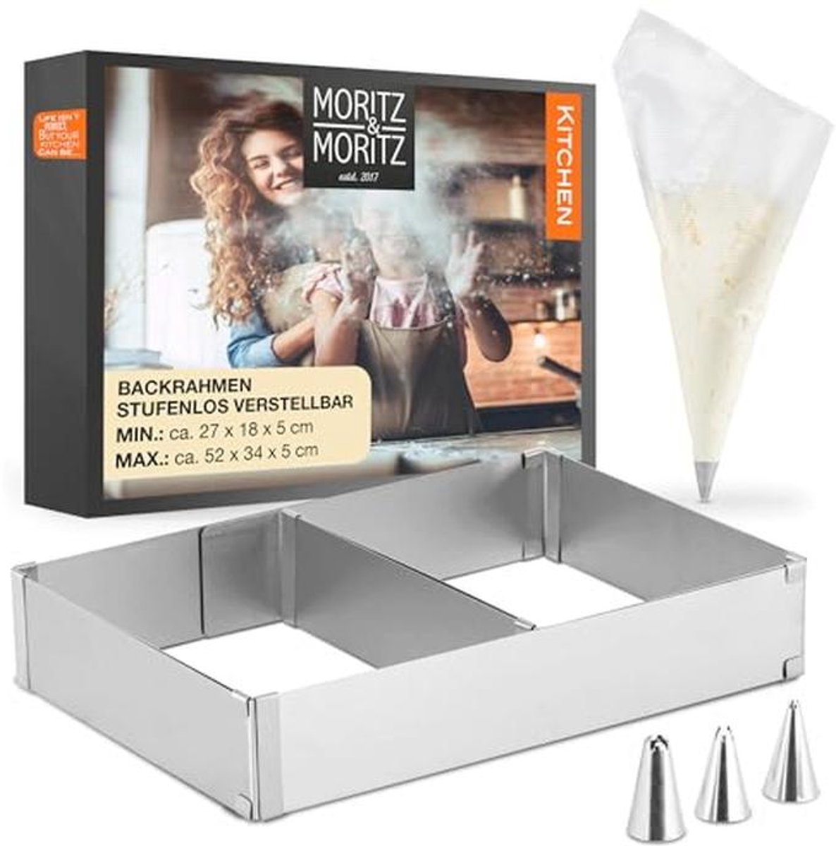 Verstelbaar Taartblik met Spuitzakken en Mondstukken - 27x18 cm tot 51,7x33,6 cm