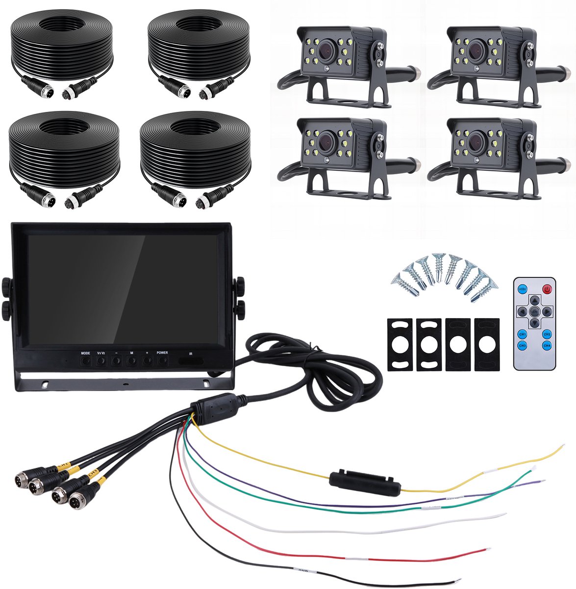 9-inch AHD-achteruitrijcameraset voor campers – 1080p-scherm met vier beeldvensters - Geschikt voor campers, vrachtwagens en aanhangwagens - Nachtzicht en continu-opname