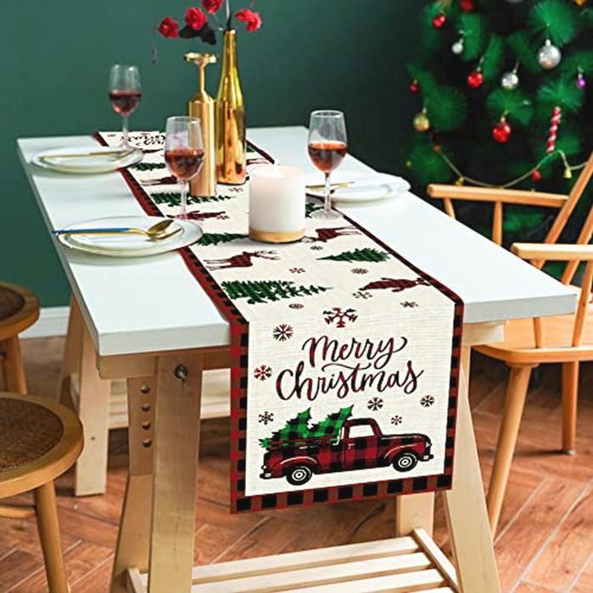 Kerst tafelloper linnenlook - afwasbaar tafelkleed voor eetkamer, restaurant en hotel