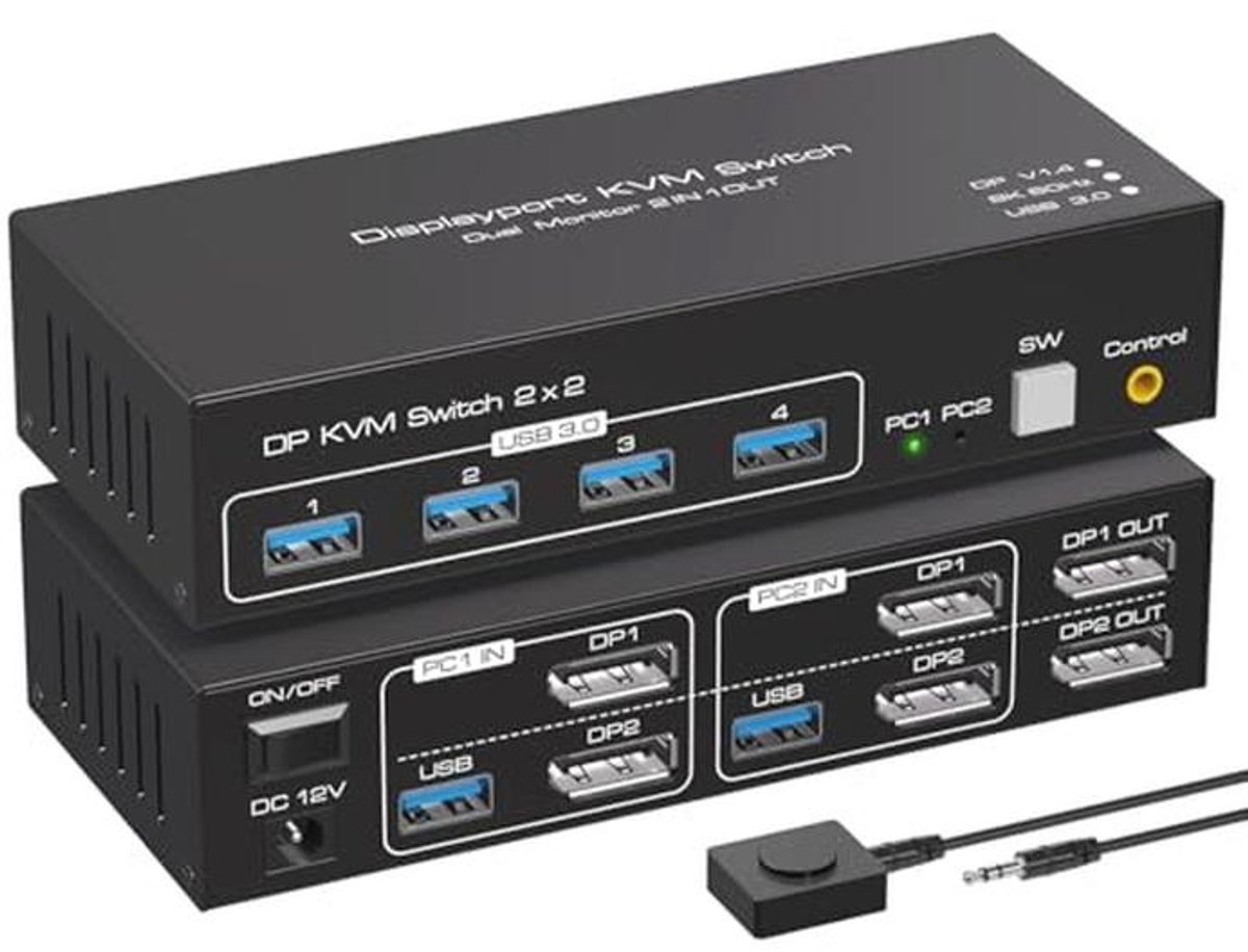KVM-switch 4K 120Hz voor 2 computers met 2 monitoren en USB 3.0-ondersteuning