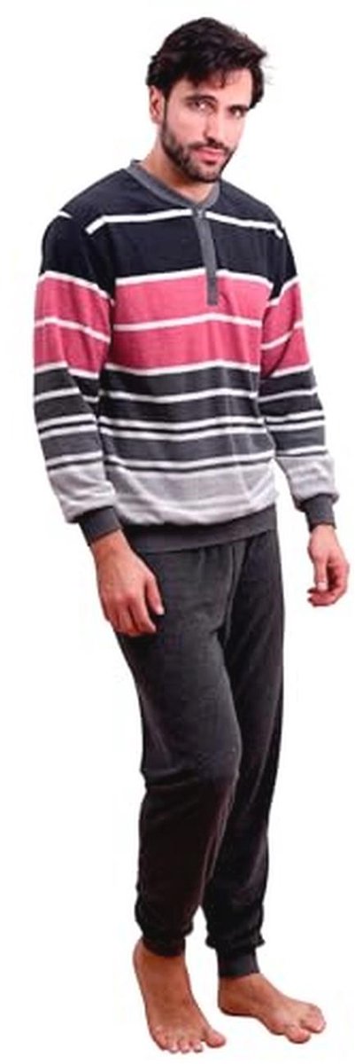 Heren badstof pyjama met knoopsluiting - comfortabele warme pyjama in blokstrepenlook