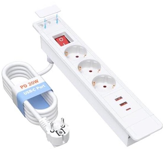Airmom Inbouwstekkerdoos met 15 W draadloze oplader en schakelaar, inbouw tafelstopcontact met USB C 20 W en USB-aansluiting, wit