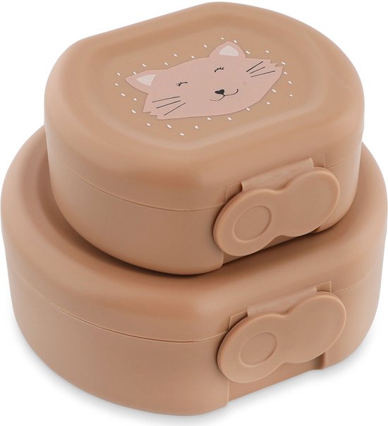 Twee bruine snackdoosjes, het bovenste met een kattengezicht, het onderste met clipsluiting.
