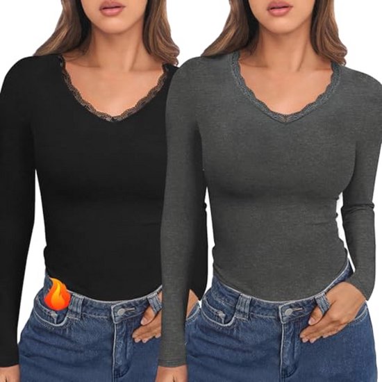 Wayleb Thermisch T-shirt voor dames, lange mouwen, V-hals, elastisch, met duimgaten, sporttop voor de winter, voor hardlopen en fitness, Zwart, L