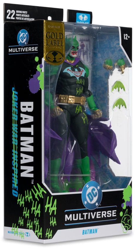 Doos van DC Multiverse Gold Label Batman (Joker War) actiefiguur met Jokerized Batman.