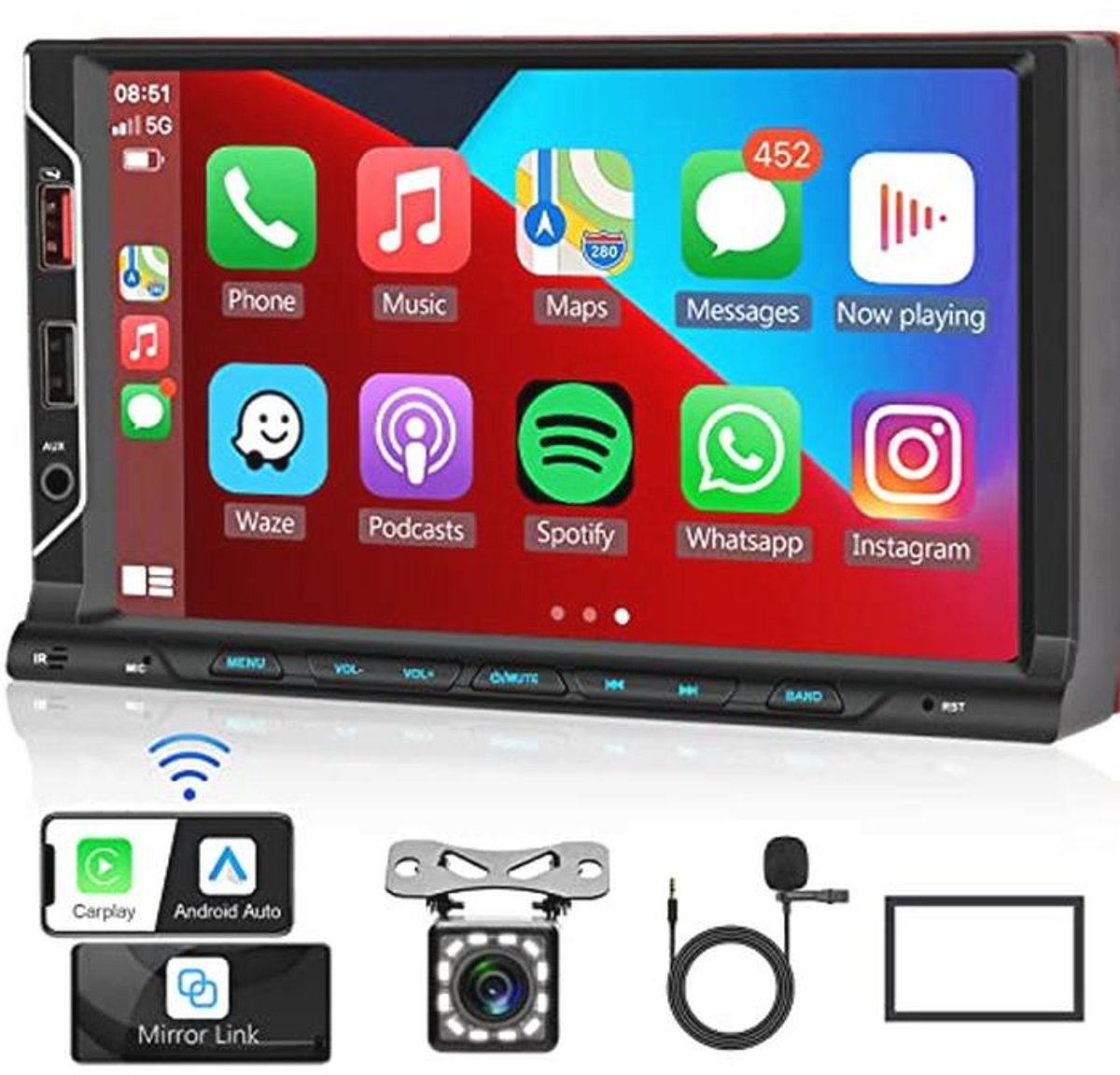 Dubbel-DIN Autoradio met Draadloze CarPlay en Android Auto - 7 Inch Touchscreen, Bluetooth en Achteruitrijcamera