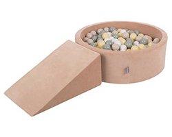 KiddyMoon Foam Play Area with Round Balls for Kids (100 Balls) + Desert Rose: Beige Pastel / Green/Grey/Pastel Yellow/White
