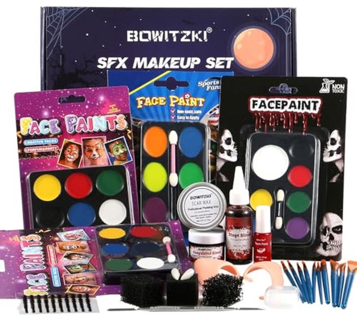 Bowitzki Halloween make-upset, op oliebasis, bodyverf, speciale effecten, set, SFX-spons, scarwax, nep blood borstel, tandverf, Halloween, party, SFX cosplay