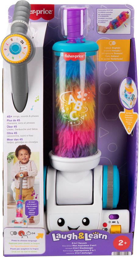 Fisher-Price 2-in-1 Stofzuiger speelgoed in verpakking, met felgekleurde stoffer.