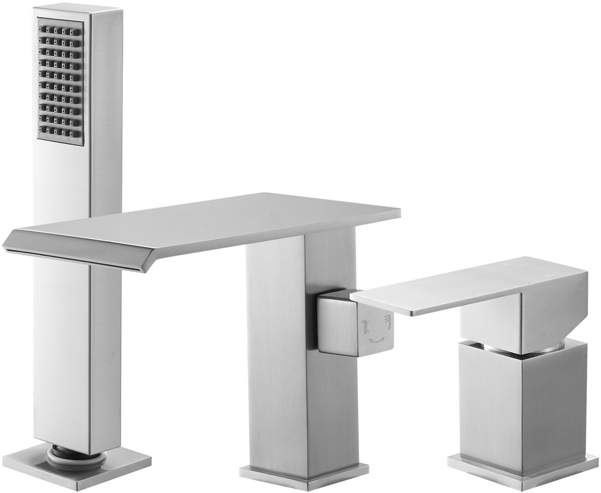 Badkraan/badvulkraan - 3-gats badrandkraan met handdouche - Eengreeps - Geborsteld RVS - H