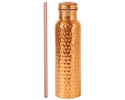 Koperen Waterfles Gehamerd 1000 ml - Lekvrij Deksel voor Yoga en Ayurveda
