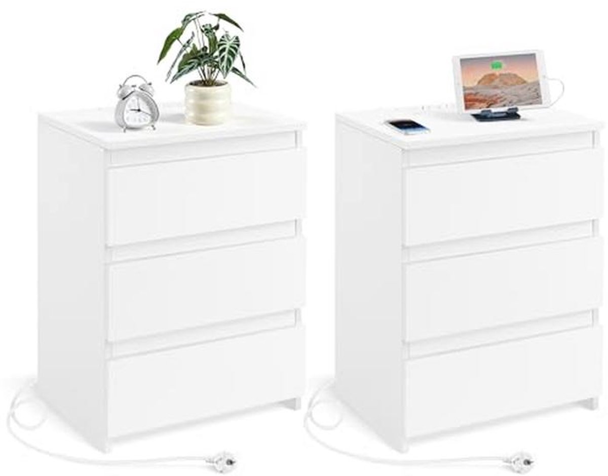 Nachtkastjes met laadstation en 3 laden - Wit, Set van 2 - Vintage Design