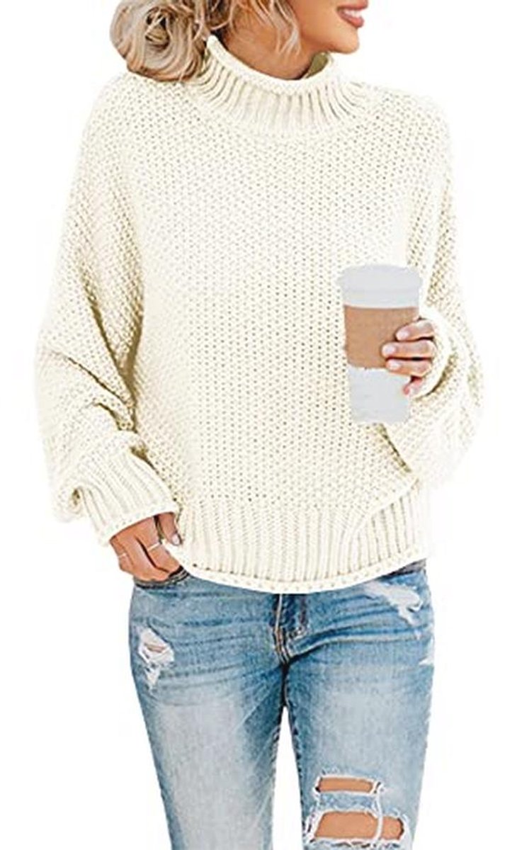 Oversized Damestrui met Col en Vleermuismouwen - Lange Mouwen Grof Gebreid