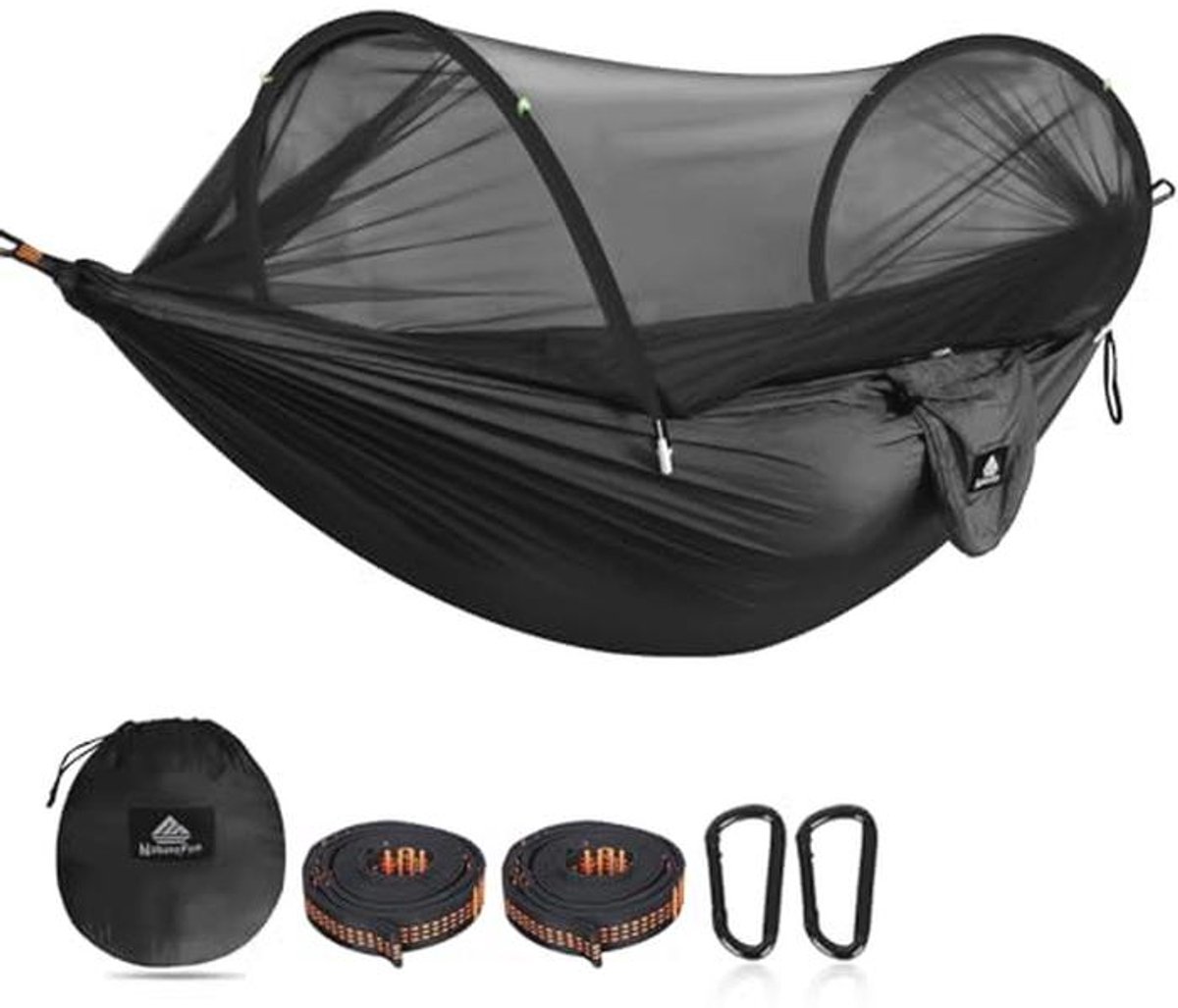 Ultralight Camping Hammock met Muggennet en 300 kg Draagvermogen | Ademend en Sneldrogend Parachutenylon | Inclusief 2 Carabiners en 2 Nylon Garlands