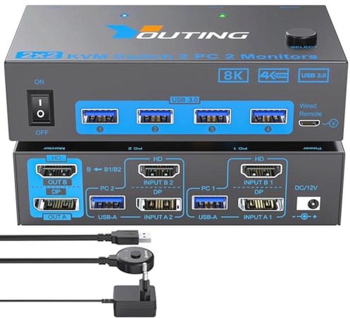 KVM Switch 2x2 voor Dual Monitoren - HDMI & DisplayPort, USB 3.0, 8K @60Hz - Perfect voor 2 PC's