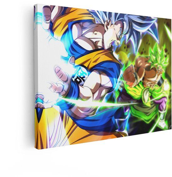 Canvas met Goku in Super Saiyan God en Broly in Legendary Super Saiyan, beide met blauwe en groene energie.