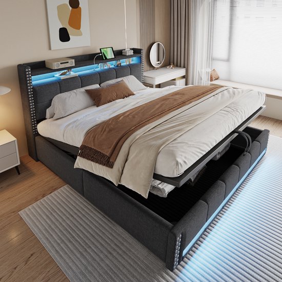 MODFU Ledikant 180x200 cm – linnen grijs – met LED, USB en hydraulische opbergruimte – elegant design