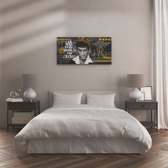 Artaza Canvas Tableau Iconique Tony Montana avec Couronne sur Billet de Cent Dollars - le Monde Est à Toi - 120x60 cm - Grand - Décoration Murale Salon - Tableaux - Décoration Murale