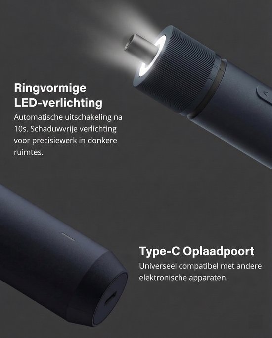 Gedetailleerde afbeelding van de schroevendraaier met ringvormige LED-verlichting en type-C oplaadpoort.