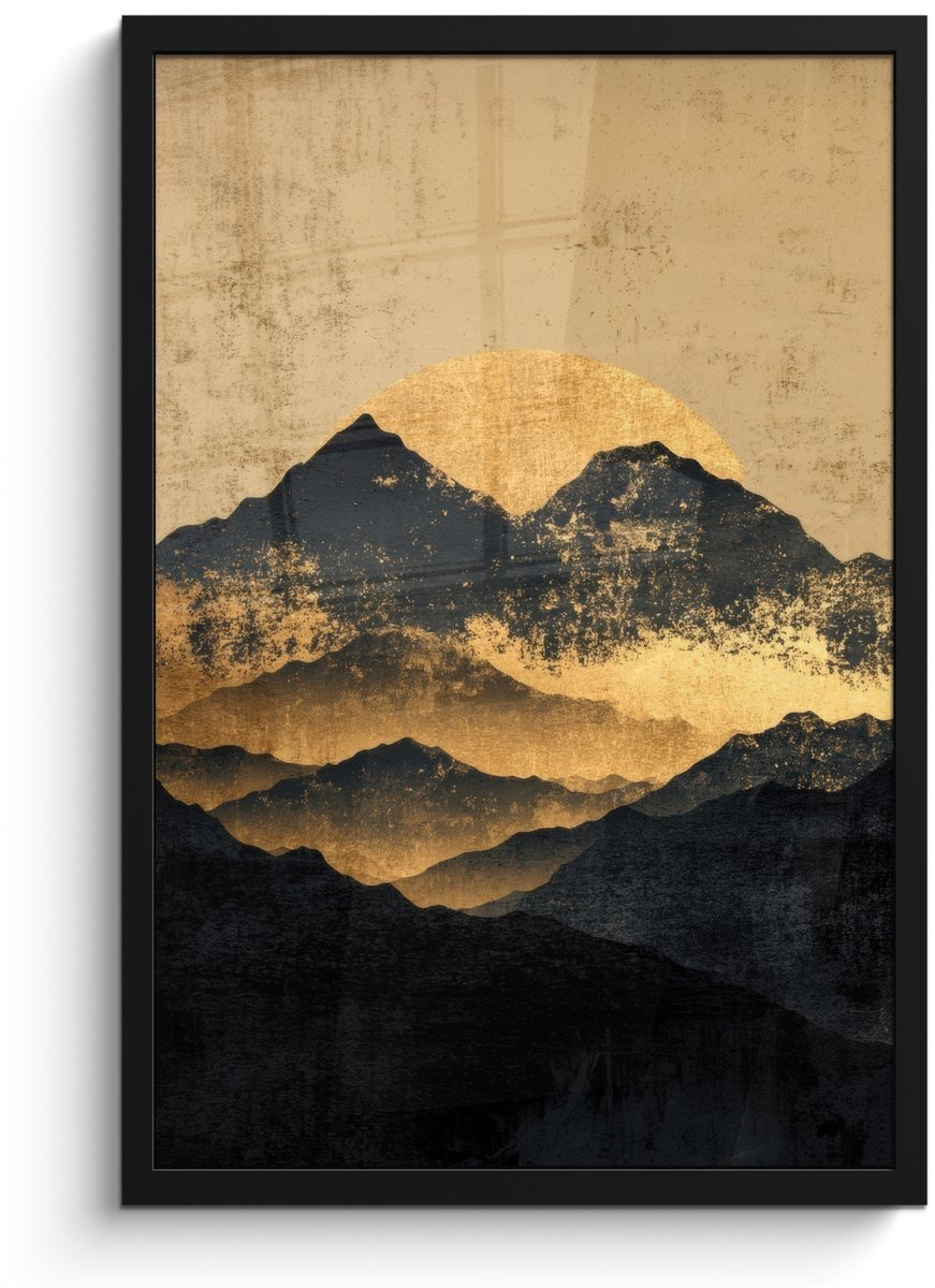 FrameYourWall Poster in lijst - Fotolijst 40x60 cm - Posters - Gouden Bergen bij Maanlicht - Posterlijst zwart - Decoratie - Wanddecoratie woonkamer - Muurdecoratie slaapkamer Bergen - Goud - Schilderij