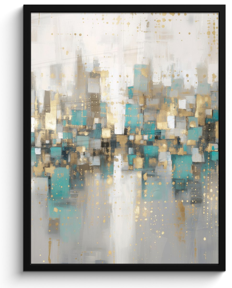 FrameYourWall Poster in lijst - Fotolijst 60x80 cm - Posters - Abstract - Blokken - Goud - Skyline - Posterlijst zwart - Decoratie - Wanddecoratie woonkamer - Muurdecoratie slaapkamer