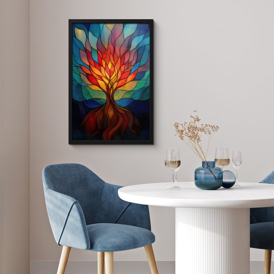 Poster in lijst - Fotolijst 40x60 cm - Posters - Sierglas - Boom - Rood - Vlakken - Posterlijst zwart - Decoratie - Wanddecoratie woonkamer - Muurdecoratie slaapkamer