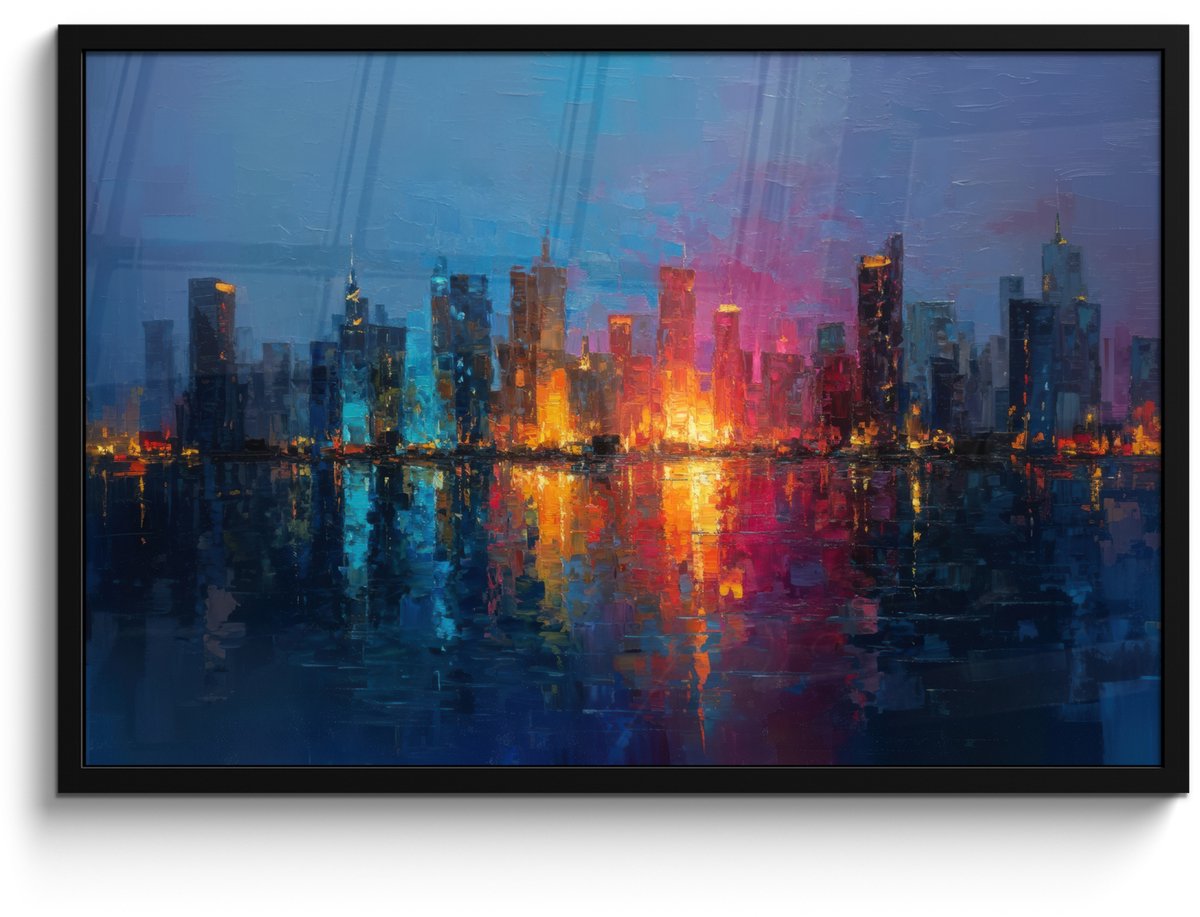 FrameYourWall Poster in lijst - Fotolijst 90x60 cm - Posters - Skyline - Penseelstreken - Donkerblauw - Lichtgevend - Posterlijst zwart - Decoratie - Wanddecoratie woonkamer - Muurdecoratie slaapkamer