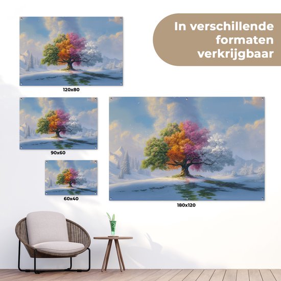 Tuinposter 120x80 cm - Tuindecoratie Boom - Seizoenen - Winter - Landschap - Poster voor in de tuin - Buiten decoratie - Schutting tuinschilderij - Tuindoek muurdecoratie - Wanddecoratie balkondoek