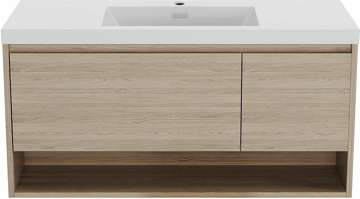 Vente-unique Zwevend badkamermeubel met enkele wastafel, licht naturelkleurig - 120 cm - PUJUKA