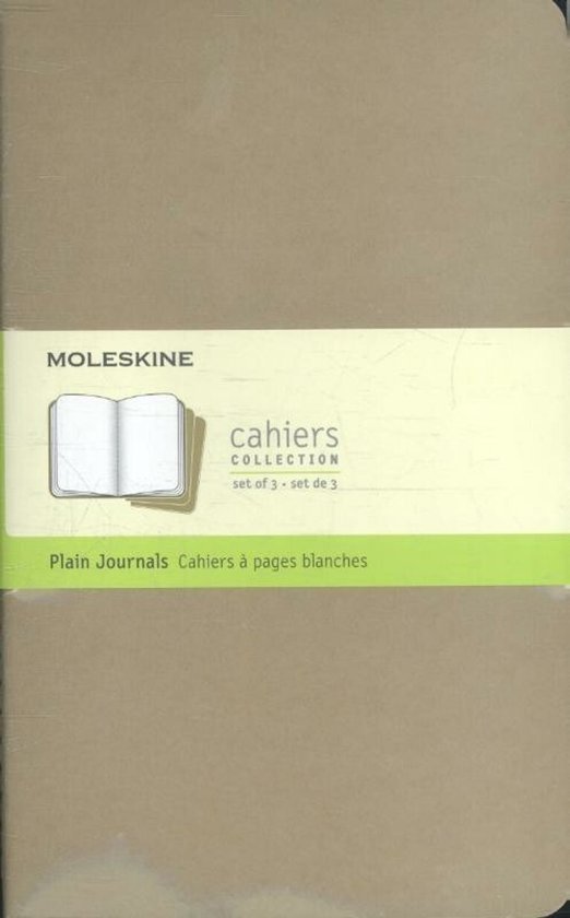Bruin Moleskine cahier met een gele band met informatie en afbeeldingen van de notitieboekjes.
