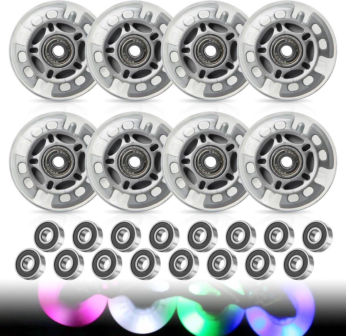 8 Pcs Inline Skate Wielen met Lagers – 72mm Inline Skate Wielen – Zilver Transparant – Indoor/Outdoor Roller Skates – Steunwielen voor Scooters