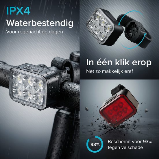 Inlustro Fietslamp Set - Voorlicht / Achterlicht - LED Fietslampjes Rood en Wit - Fietslicht Koplamp - IPX4 Waterdicht - Aluminium behuizing / USB Oplaadbaar van Merkloos — afbeelding 3