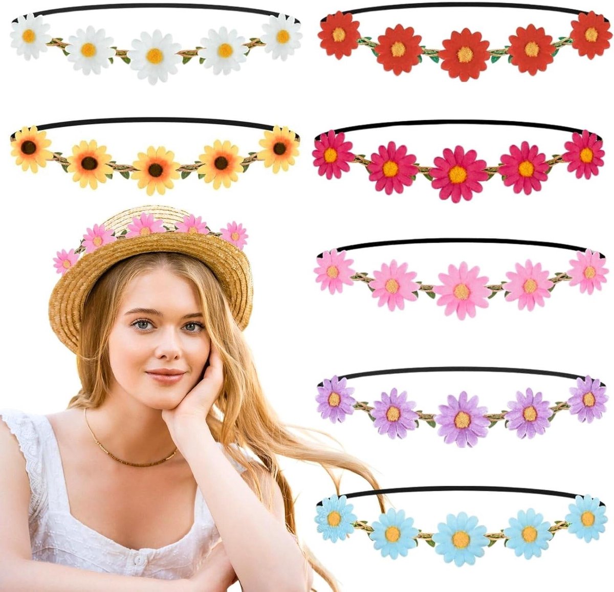 Boho bloemkroonkrans met madeliefjes voor festival, feest en strand - set van 7 stuks